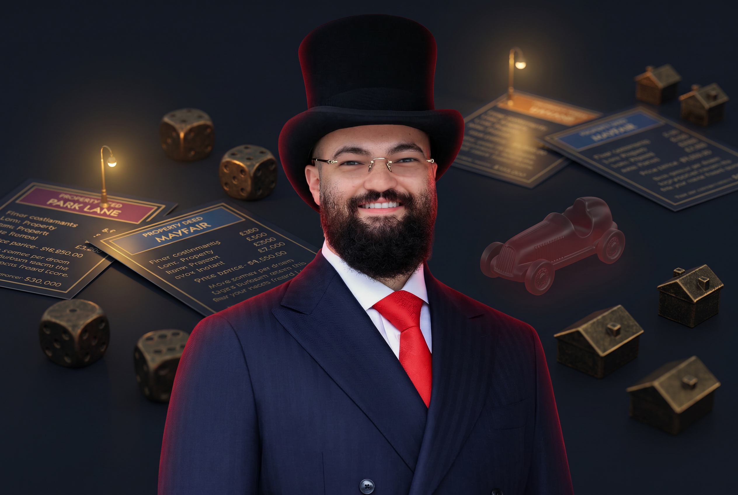 Portrait of Francisco Haedo in a navy suit and top hat with Monopoly property deeds, dice and houses